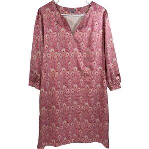 Vilagallo Tunic Dress Women’s 44 L Peacock Print Cotton Artsy Pink Knee Length